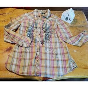 VTG‎ Roper Shirt Women Medium Orange Long Sleeve Retro Western Pearl Snap